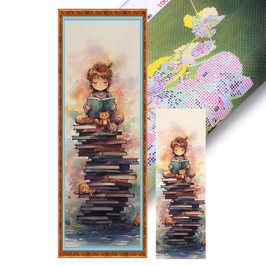 Cat And Child On Book - 11CT Stamped Cross Stitch 30*90CM