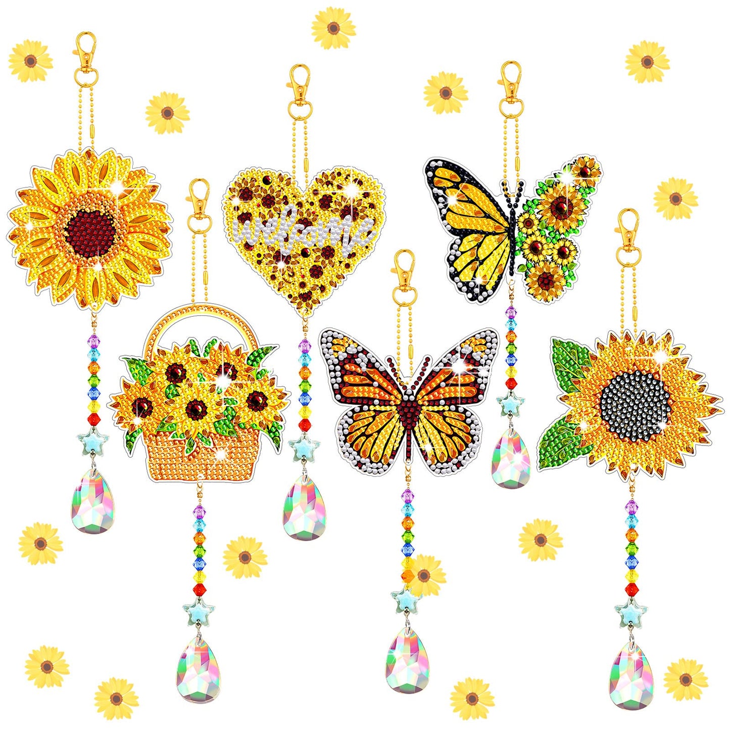 6PCS Suncatcher Double Sided Diamond Painting Art Pendant (Butterfly Sunflower)