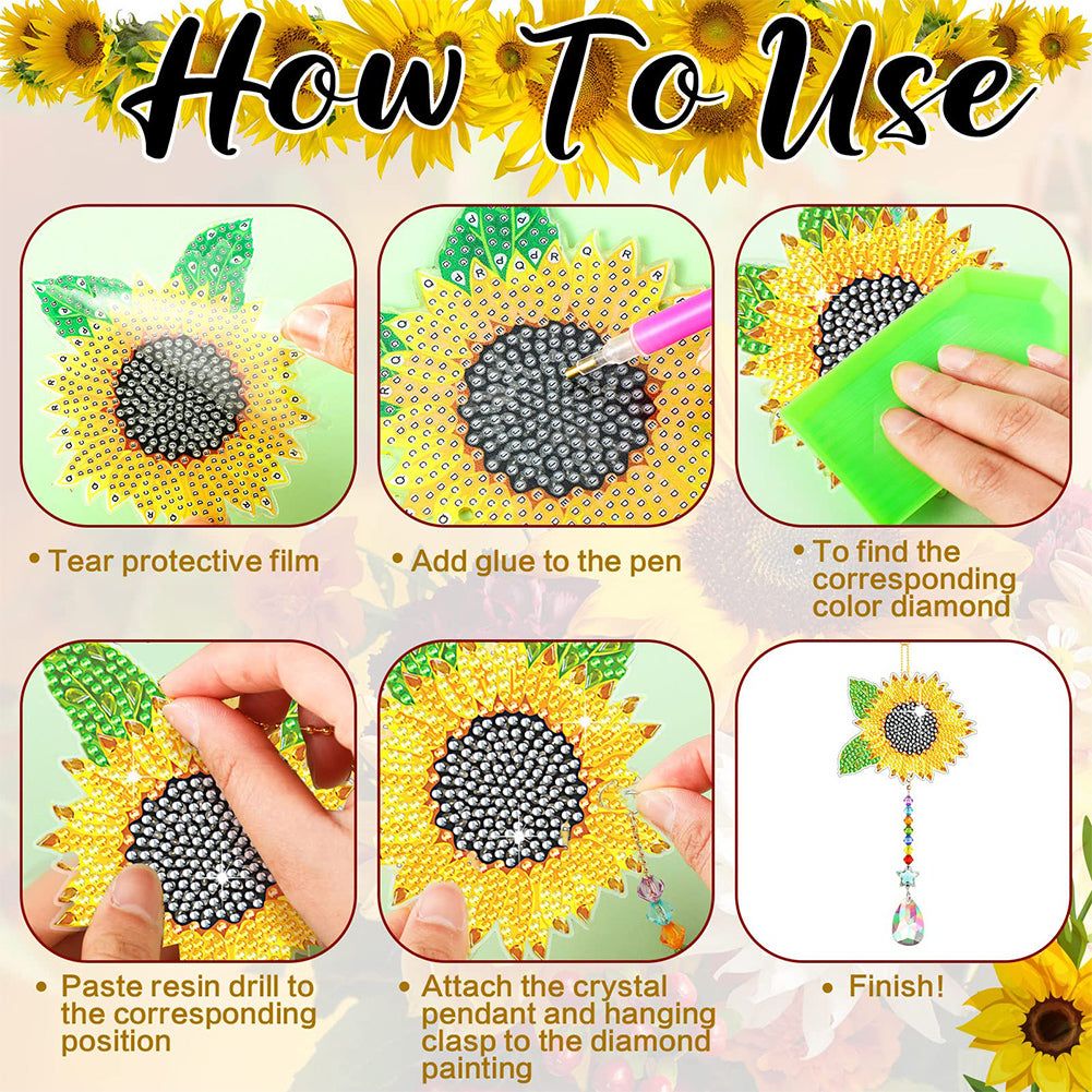 6PCS Suncatcher Double Sided Diamond Painting Art Pendant (Butterfly Sunflower)