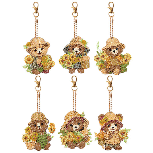 6PCS Double Sided Special Shape Diamond Painting Keychain (Sunflower Bear)