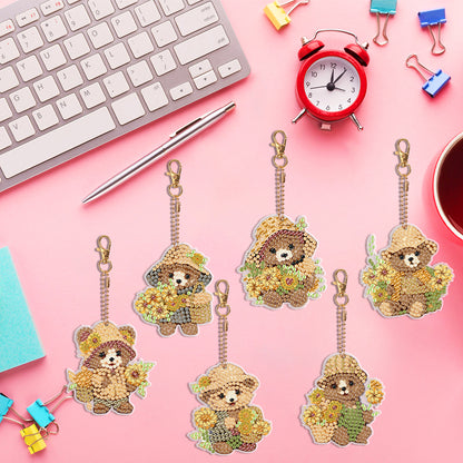 6PCS Double Sided Special Shape Diamond Painting Keychain (Sunflower Bear)