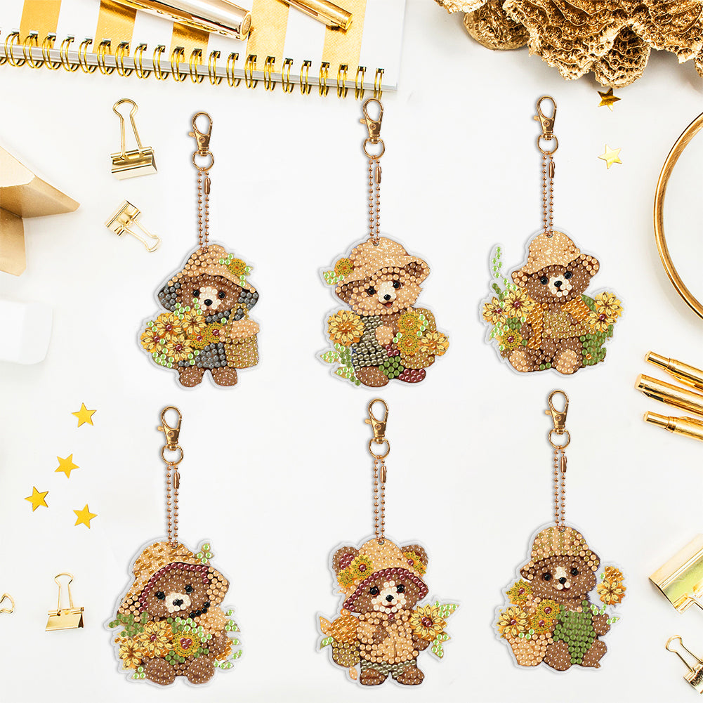 6PCS Double Sided Special Shape Diamond Painting Keychain (Sunflower Bear)