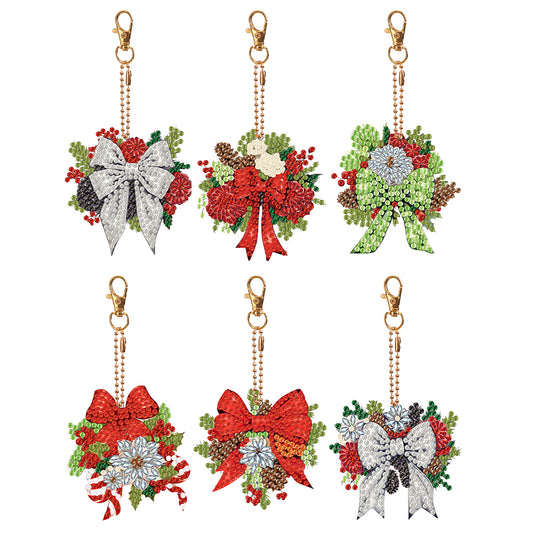 6PCS Double Sided Special Shape Diamond Painting Keychain (Christmas Bow)