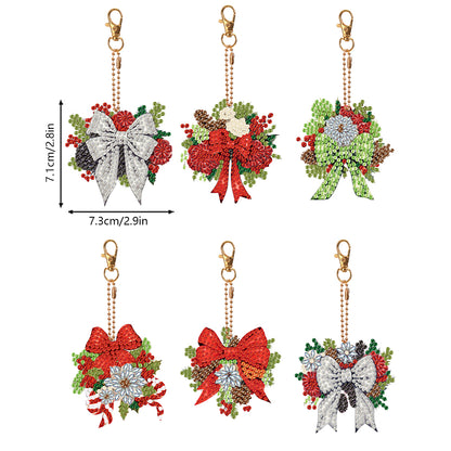 6PCS Double Sided Special Shape Diamond Painting Keychain (Christmas Bow)