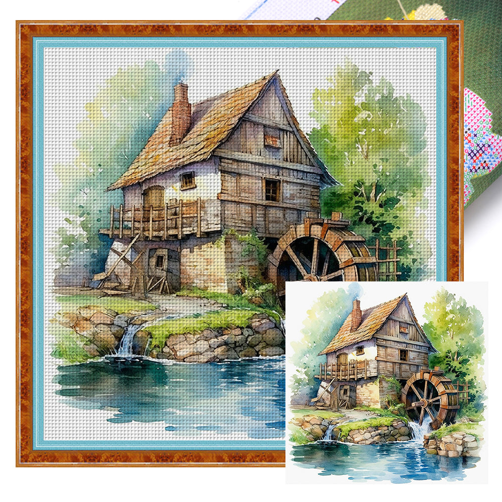 House Water Wheel - 11CT Stamped Cross Stitch 40*40CM