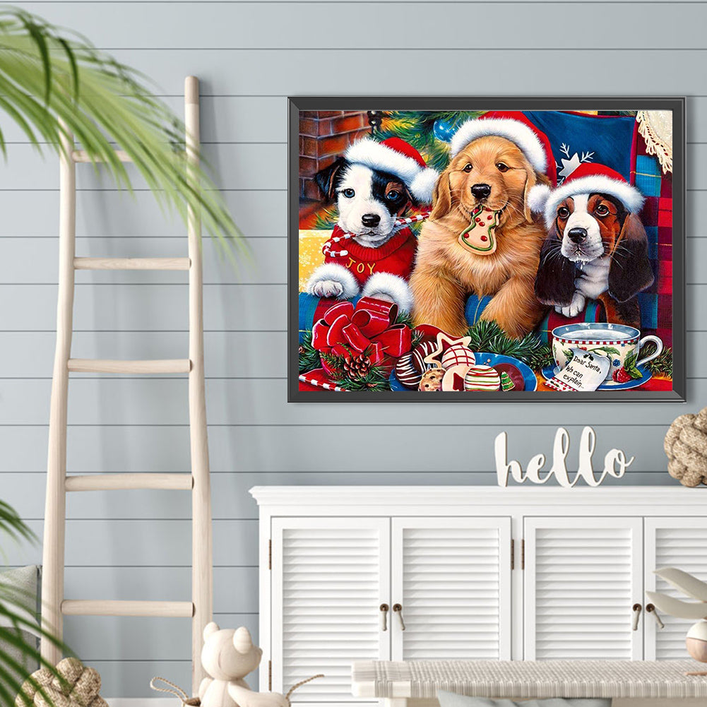 Christmas Three Dogs - Full Round Drill Diamond Painting 40*30CM