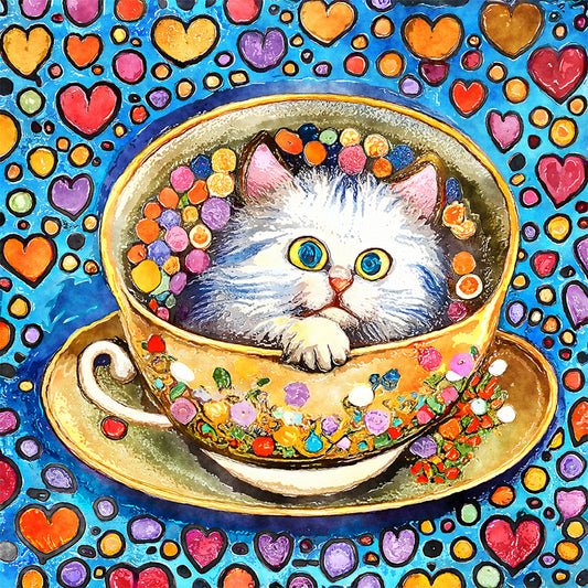 Cat In Teacup - Full Round Drill Diamond Painting 30*30CM