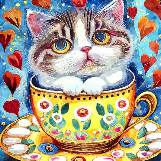 Cat In Teacup - Full Round Drill Diamond Painting 30*30CM