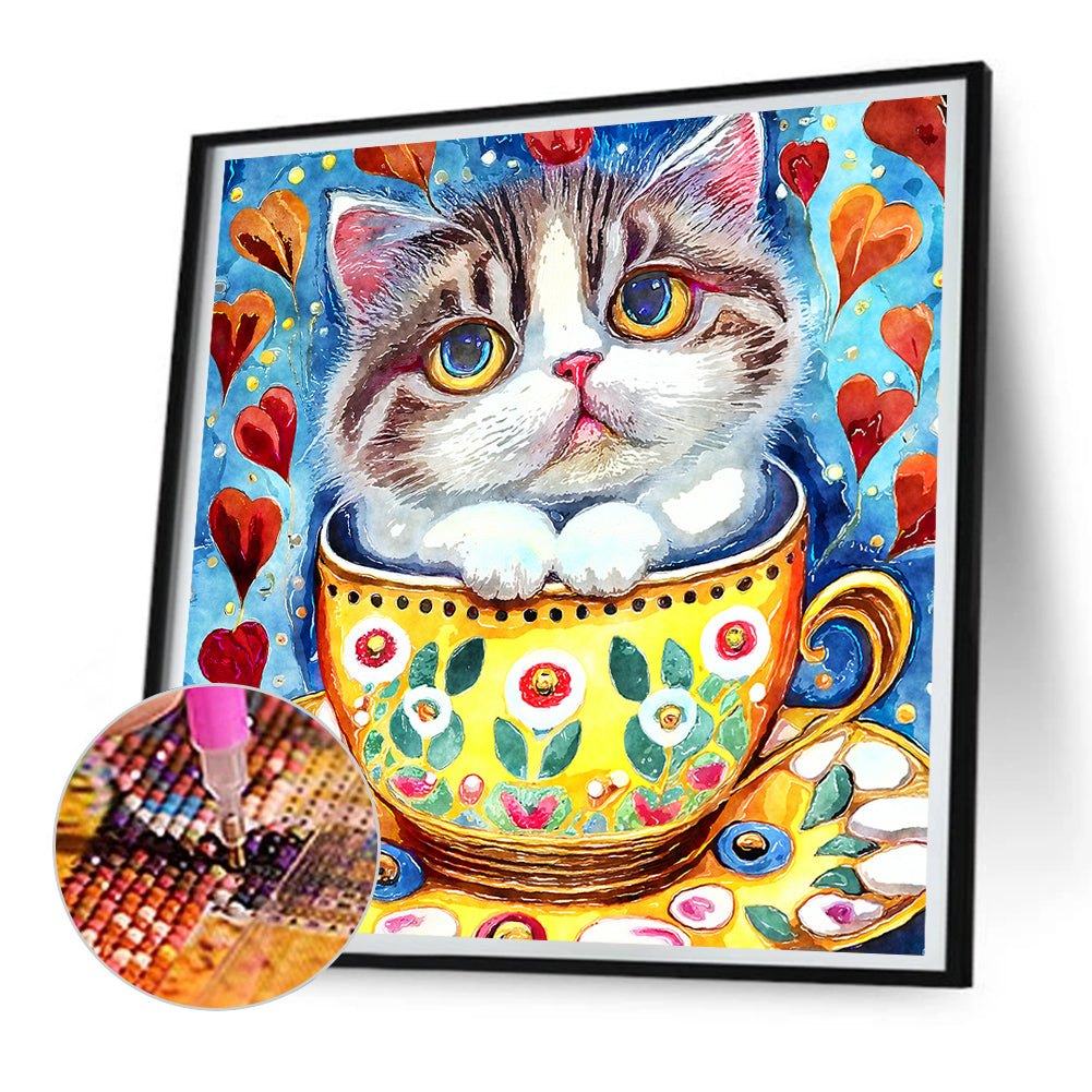 Cat In Teacup - Full Round Drill Diamond Painting 30*30CM