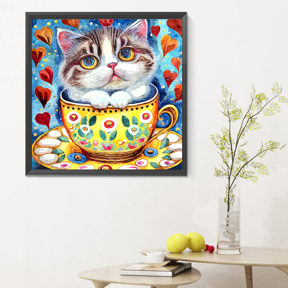 Cat In Teacup - Full Round Drill Diamond Painting 30*30CM