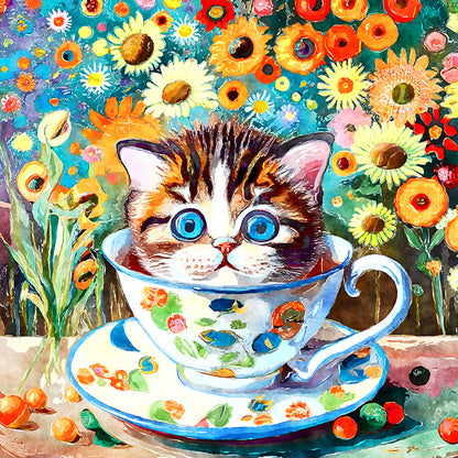 Cat In Teacup - Full Round Drill Diamond Painting 30*30CM