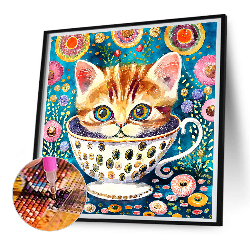 Cat In Teacup - Full Round Drill Diamond Painting 30*30CM