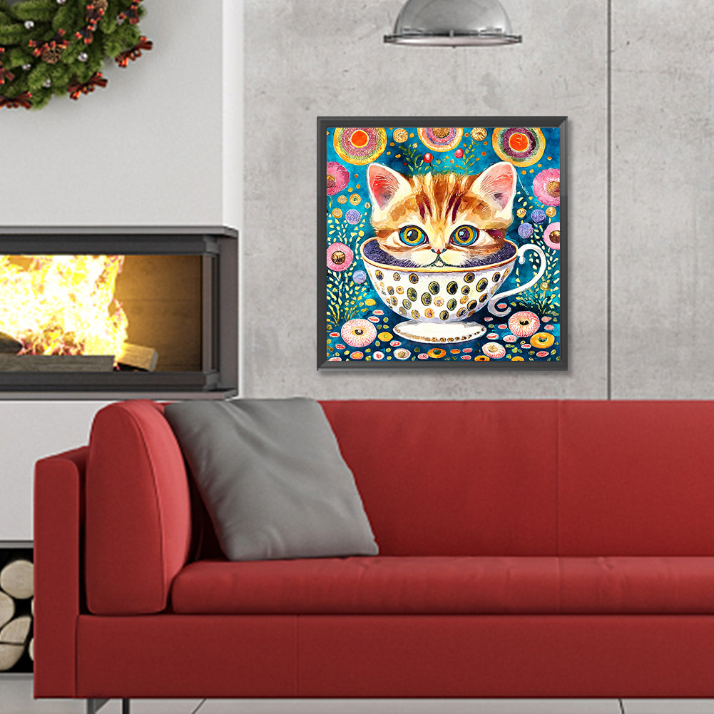 Cat In Teacup - Full Round Drill Diamond Painting 30*30CM