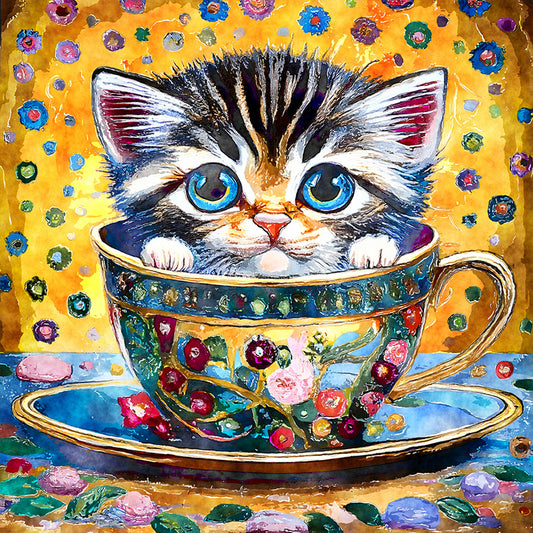 Cat In Teacup - Full Round Drill Diamond Painting 30*30CM