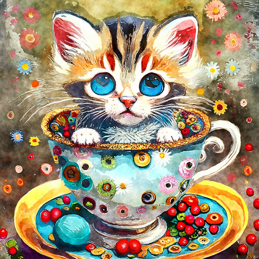 Cat In Teacup - Full Round Drill Diamond Painting 30*30CM