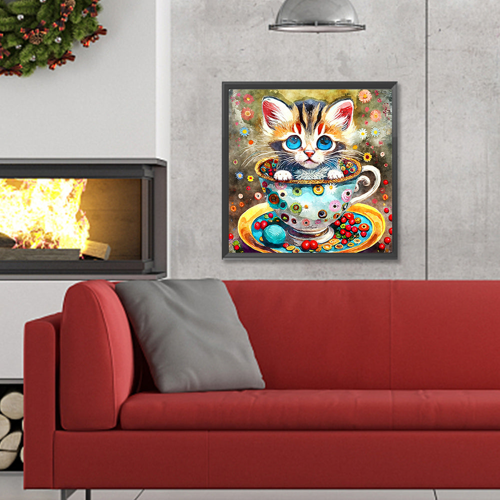 Cat In Teacup - Full Round Drill Diamond Painting 30*30CM