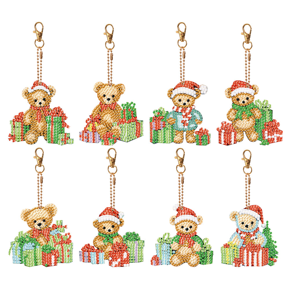 8PCS Double Sided Full Drill Keyring Special Shape Diamond Art Keyring Xmas Bear