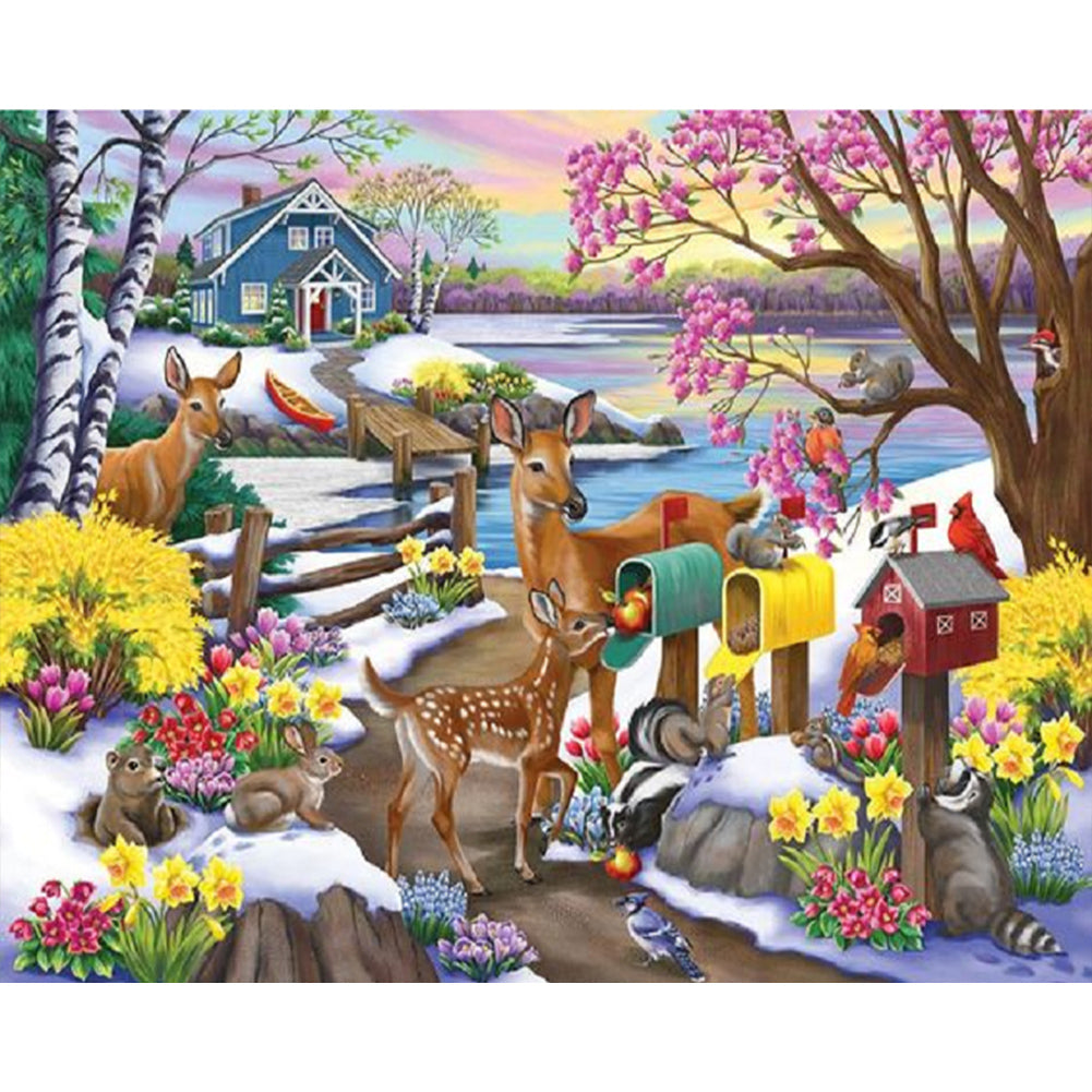 Deer In Snow Scene - Full Square Drill Diamond Painting 50*40CM