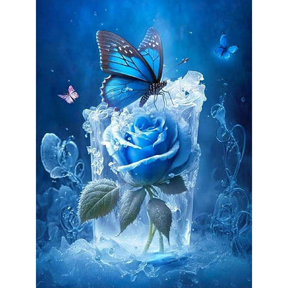 Butterfly And Blue Rose - Full Round Drill Diamond Painting 30*40CM