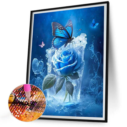 Butterfly And Blue Rose - Full Round Drill Diamond Painting 30*40CM