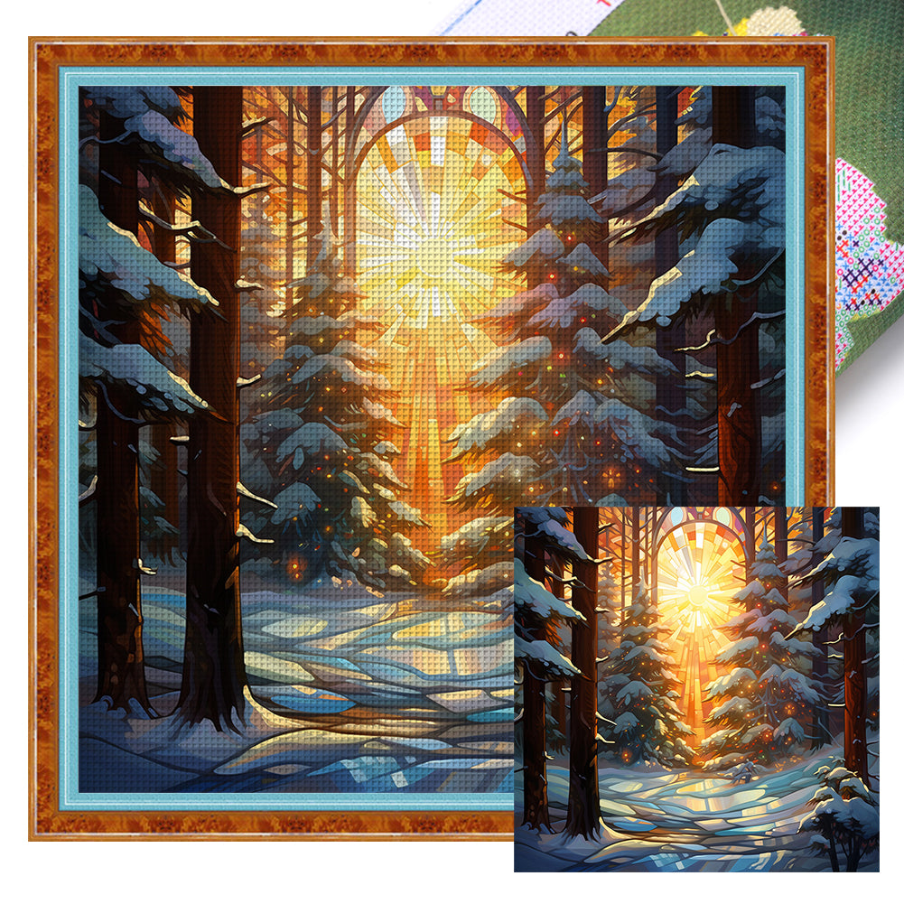 Glass Painting-Forest In The Snow - 11CT Stamped Cross Stitch 40*40CM