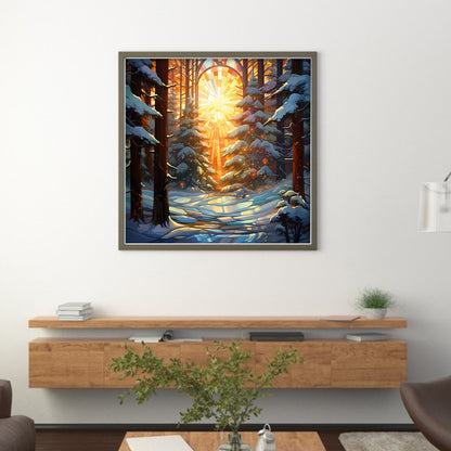 Glass Painting-Forest In The Snow - 11CT Stamped Cross Stitch 40*40CM