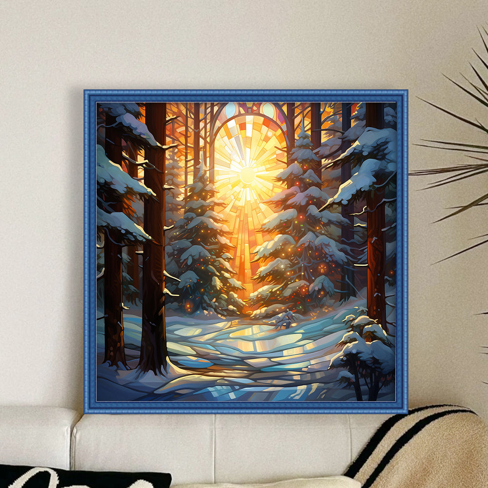 Glass Painting-Forest In The Snow - 11CT Stamped Cross Stitch 40*40CM