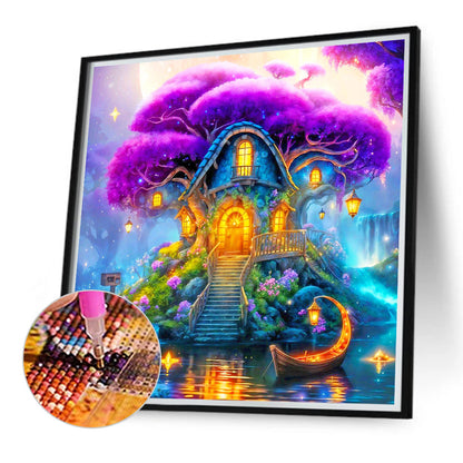 Tranquil Purple Tree House - Full Round Drill Diamond Painting 40*40CM