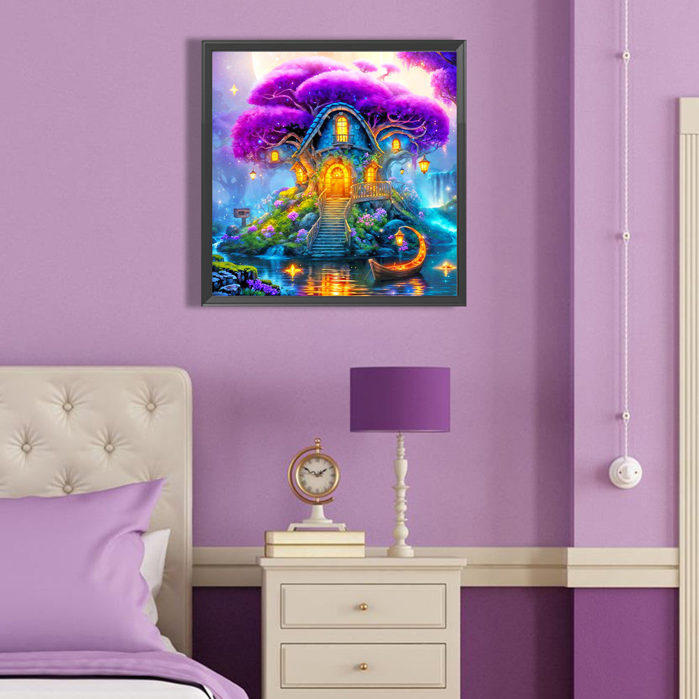 Tranquil Purple Tree House - Full Round Drill Diamond Painting 40*40CM