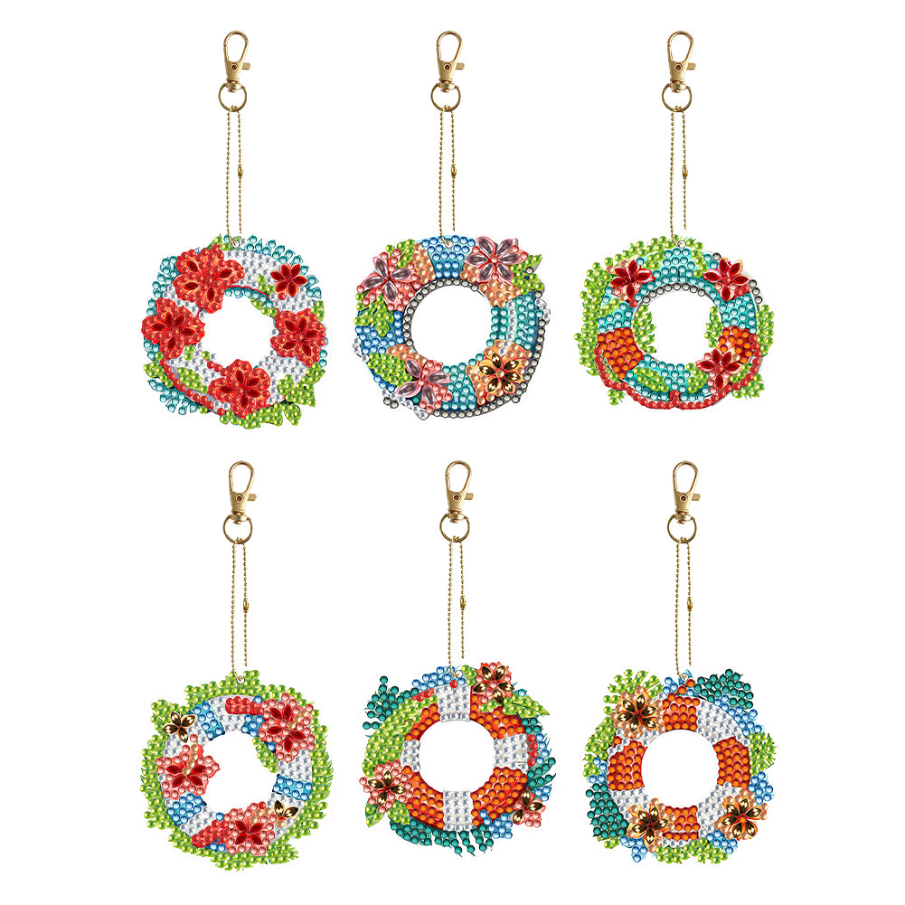 6PCS Double Sided Special Shape Diamond Painting Keychain (Flower Swim Circle)