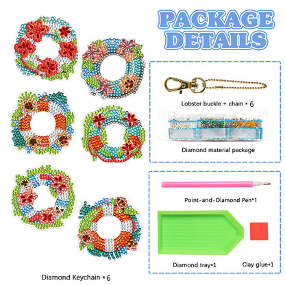 6PCS Double Sided Special Shape Diamond Painting Keychain (Flower Swim Circle)