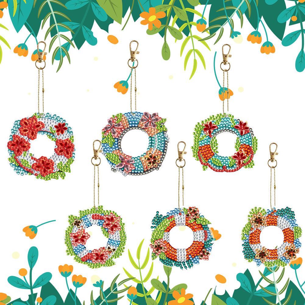 6PCS Double Sided Special Shape Diamond Painting Keychain (Flower Swim Circle)