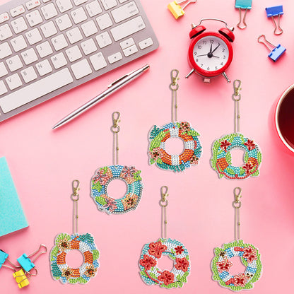 6PCS Double Sided Special Shape Diamond Painting Keychain (Flower Swim Circle)