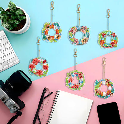 6PCS Double Sided Special Shape Diamond Painting Keychain (Flower Swim Circle)