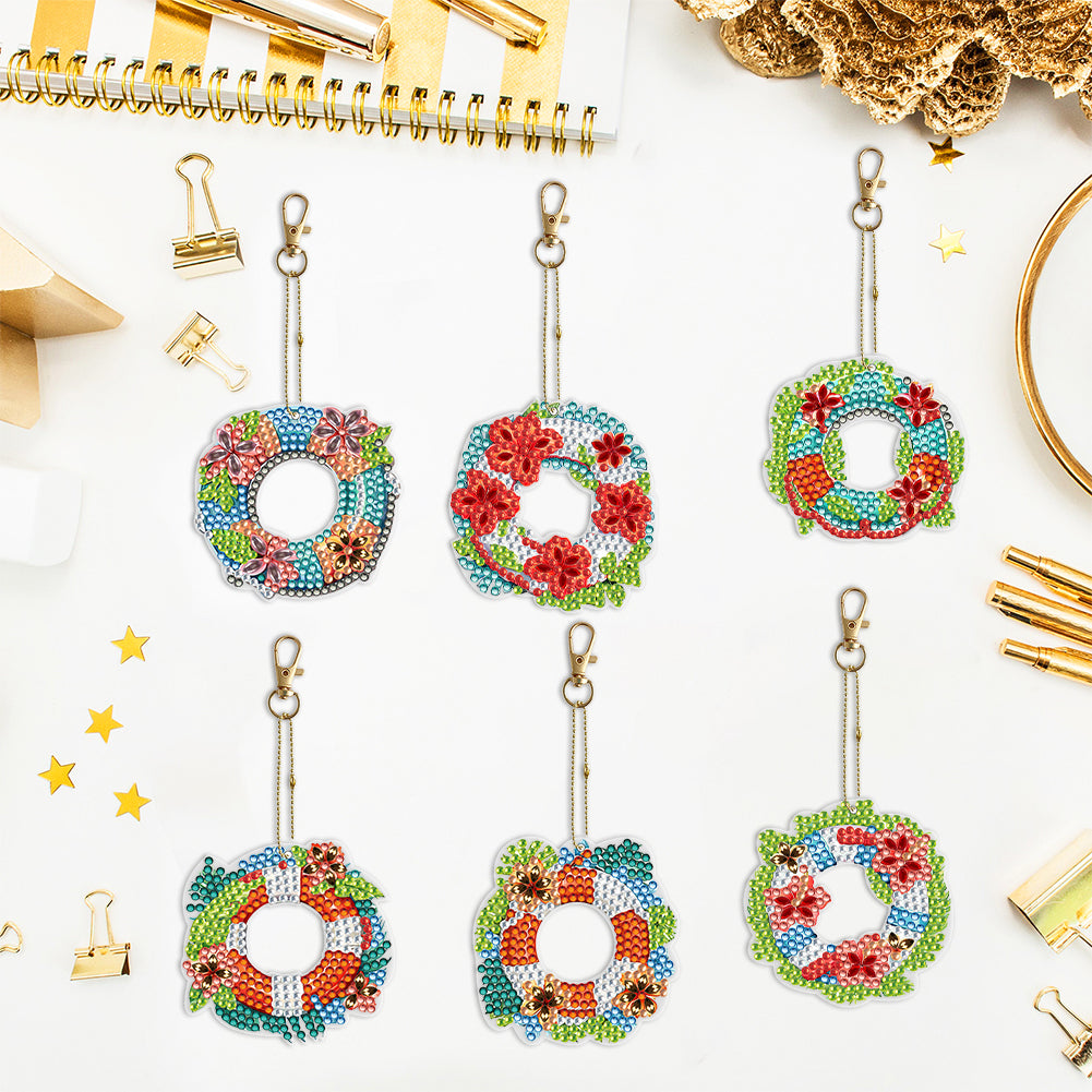 6PCS Double Sided Special Shape Diamond Painting Keychain (Flower Swim Circle)