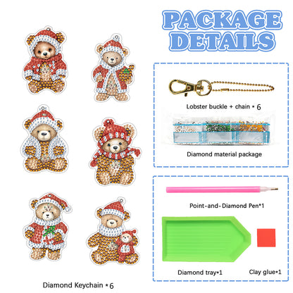 6PCS Double Sided Special Shape Diamond Painting Keychain (Christmas Bear)