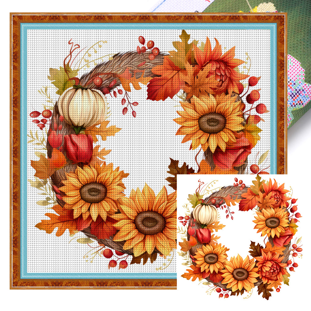 Autumn Sunflower Wreath - 11CT Stamped Cross Stitch 40*40CM