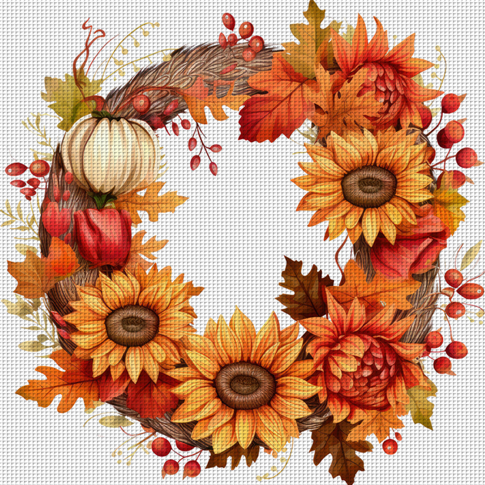 Autumn Sunflower Wreath - 11CT Stamped Cross Stitch 40*40CM