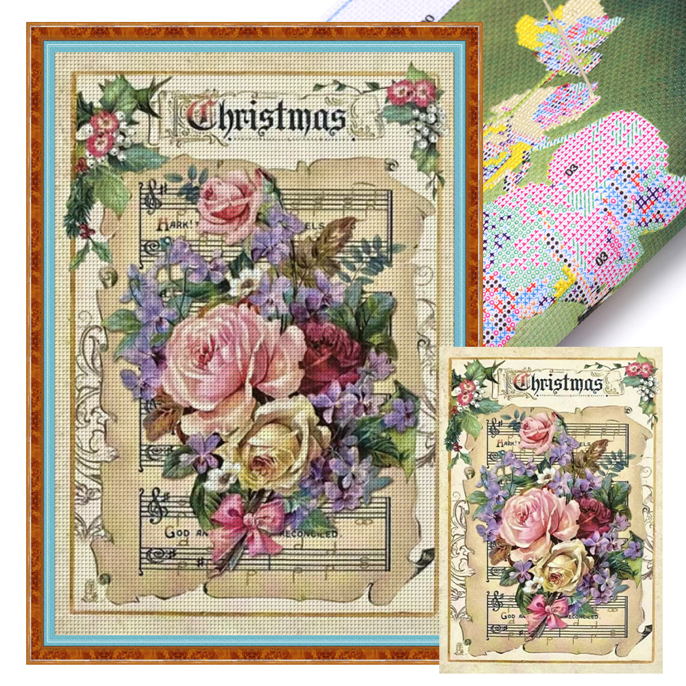 Retro Poster - Christmas Sheet Music Rose - 11CT Stamped Cross Stitch 45*65CM