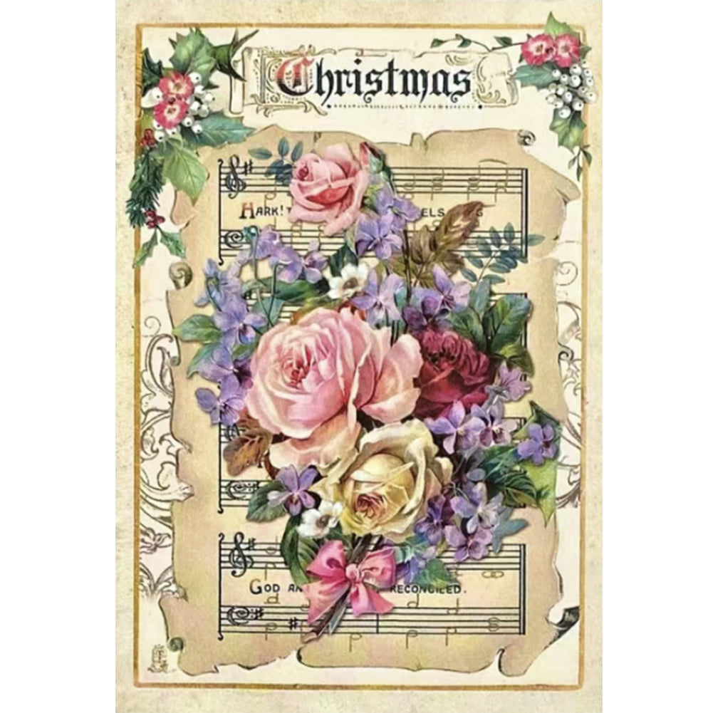 Retro Poster - Christmas Sheet Music Rose - 11CT Stamped Cross Stitch 45*65CM