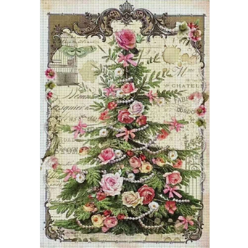 Retro Poster - Christmas Tree With Roses - 11CT Stamped Cross Stitch 45*65CM