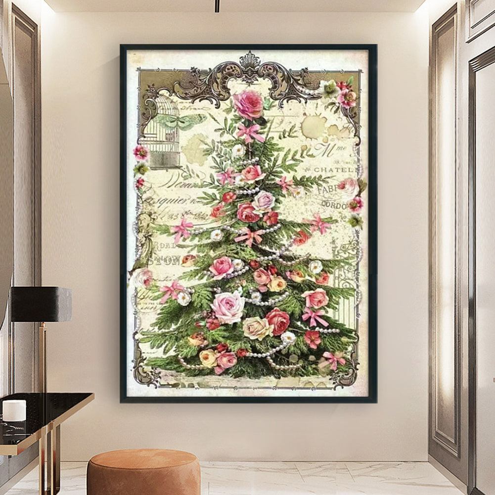 Retro Poster - Christmas Tree With Roses - 11CT Stamped Cross Stitch 45*65CM