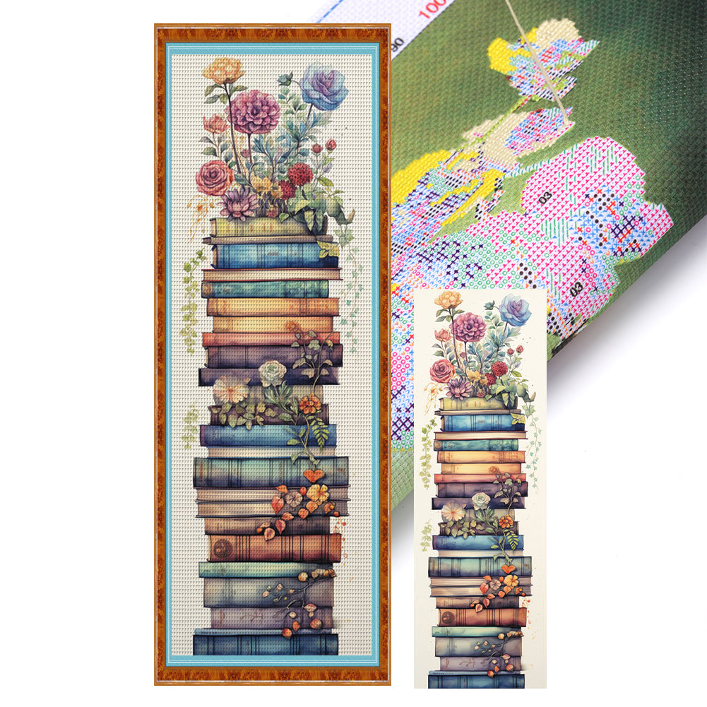Stack Of Books With Flowers - 11CT Stamped Cross Stitch 30*80CM