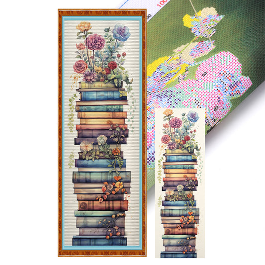 Stack Of Books With Flowers - 11CT Stamped Cross Stitch 30*80CM