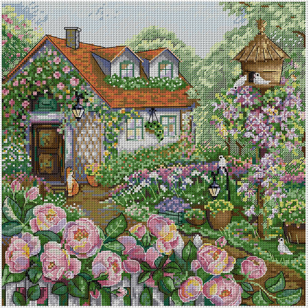 Rose Cottage - 14CT Stamped Cross Stitch 38*38CM