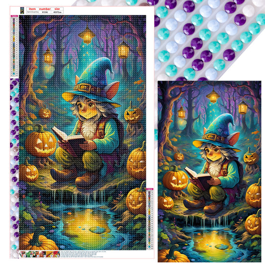 Pumpkin Lantern And Grandpa In The Forest - Full Round Drill Diamond Painting 40*70CM