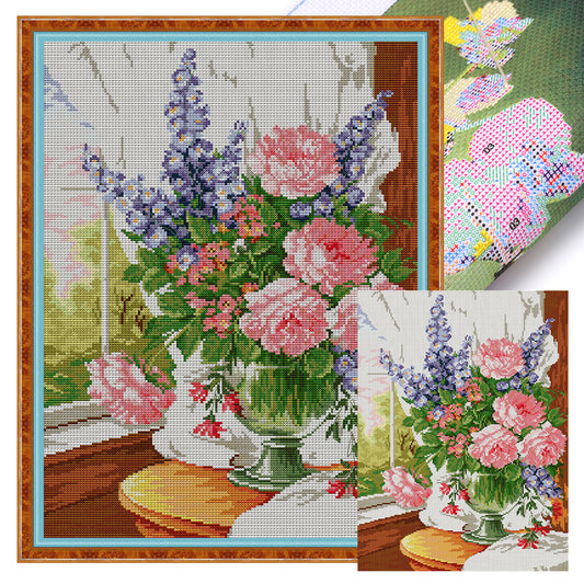 Flowers On Windowsill - 14CT Stamped Cross Stitch 35*47CM