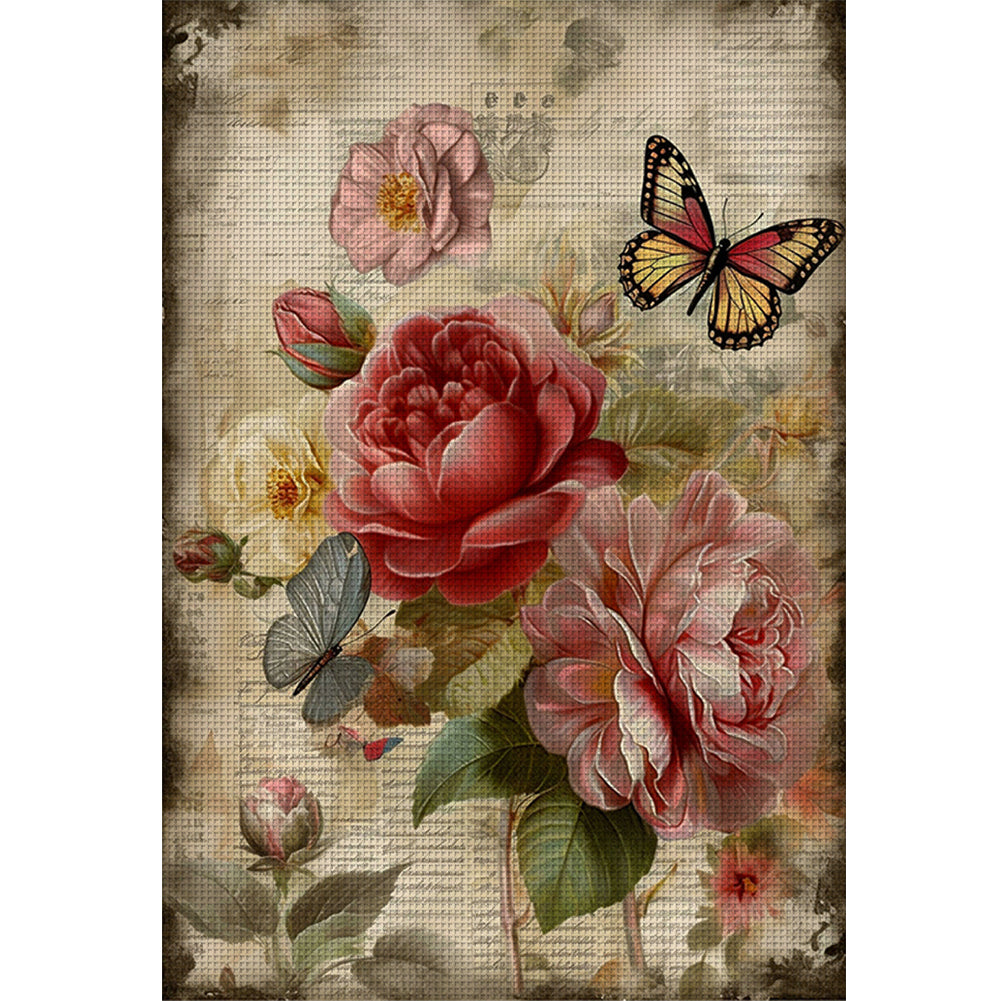 Retro Poster - Flowers And Butterflies - 11CT Stamped Cross Stitch 40*60CM