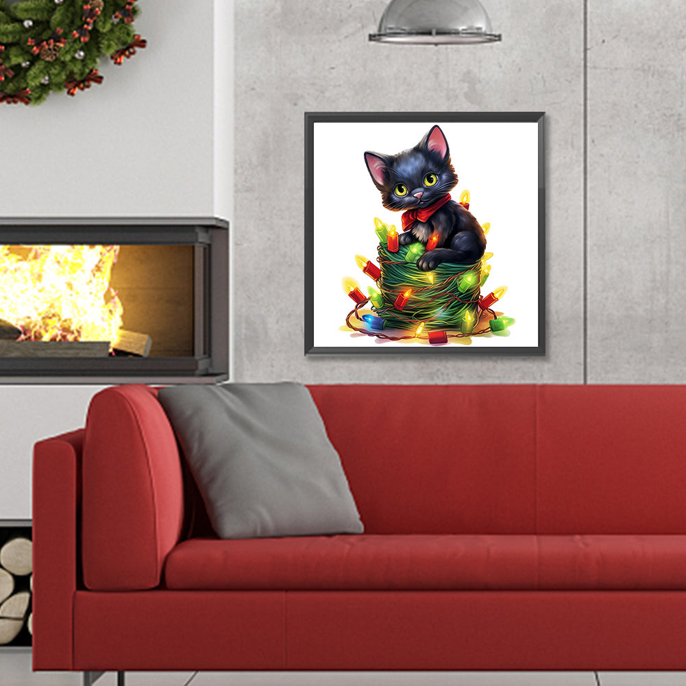 Lantern Black Cat - Full Round Drill Diamond Painting 30*30CM