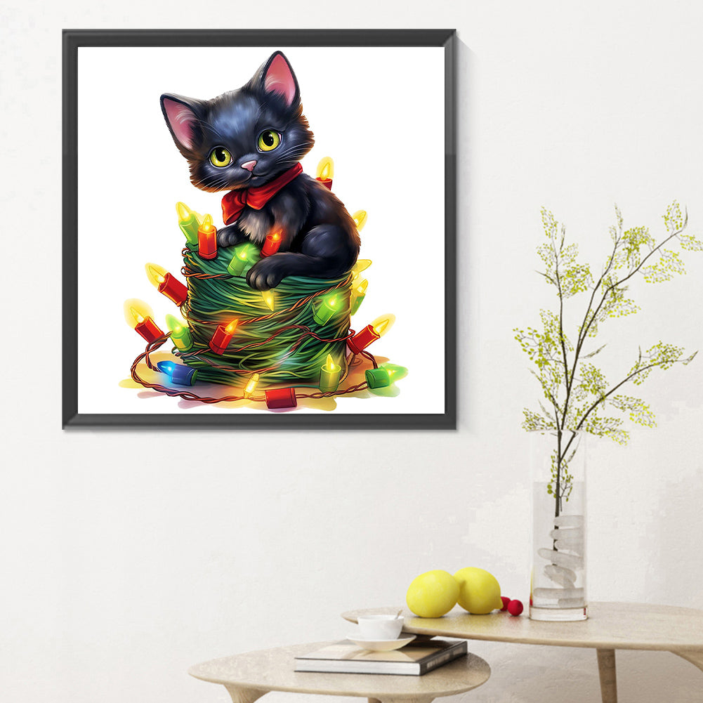 Lantern Black Cat - Full Round Drill Diamond Painting 30*30CM